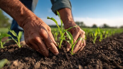 Close-up of a farmers hands gently planting a young corn seedling into rich dark soil