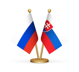Russia vs Slovakia flags mockup 3d illustration. Versus desk flags of Russia and Slovakia transparent png