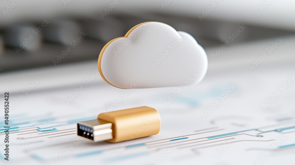 Poster a usb drive and a cloud icon symbolize cloud storage and data transfer in a digital environment.
