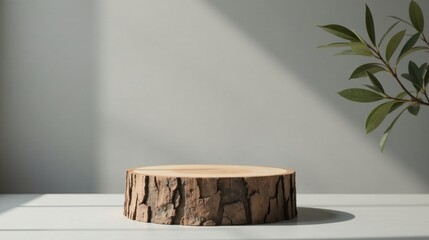 Rustic Wooden Display Platform with Natural Light and Greenery, Ideal for Product Showcases or Minimalist Arrangements