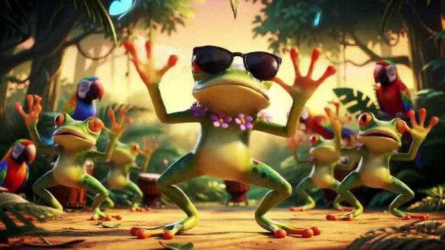 Title Vibrant group of dancing frogs with a parrot playing a drum. Suitable for childrens books, music events, and tropicalthemed designs. Illustration, animals, music, fun, colorful.