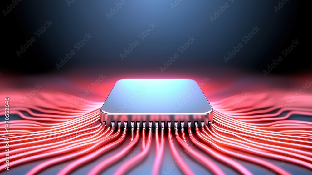 Poster a microchip with glowing red circuit lines radiating outward, symbolizing technology and connectivit