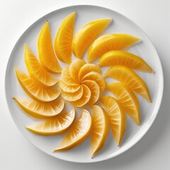 Fresh-cut slices of starfruit arranged in a spiral pattern on a white ceramic plate, capturing their translucent golden glow.