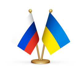 Russia vs Ukraine flags mockup 3d illustration. Versus desk flags of Russia and Ukraine transparent png