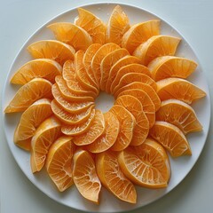 Fresh-cut slices of starfruit arranged in a spiral pattern on a white ceramic plate, capturing their translucent golden glow.