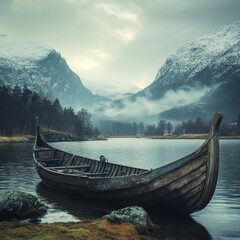 Ancient Viking Boat on a Misty Fjord