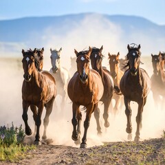 Herd of wild horses galloping through dusty plain with mountains in background