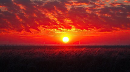Fiery Sunset over Grassland Field.