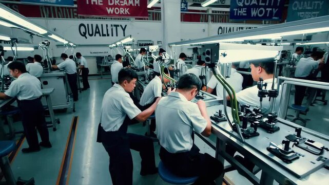 Technicians working on assembly line in electronics factory