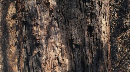 Drone view of Close-up of tree bark showing burn marks from recent fires.