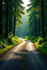 Obraz premium Serene Forest Path A Sunlit Winding Road Through Lush Green Canopy