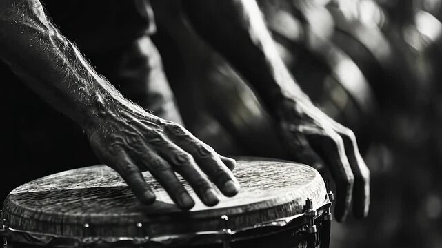 Hands playing djembe drums in a group