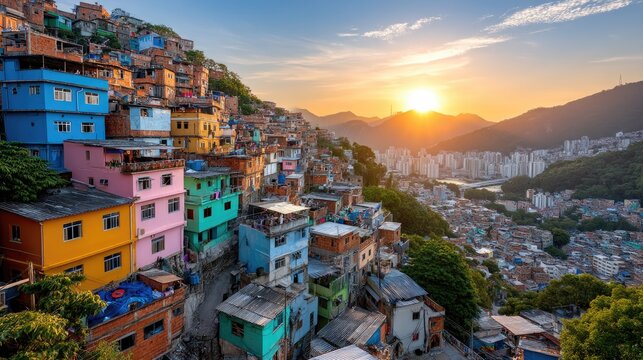 A vibrant and densely packed favela landscape in Brazil