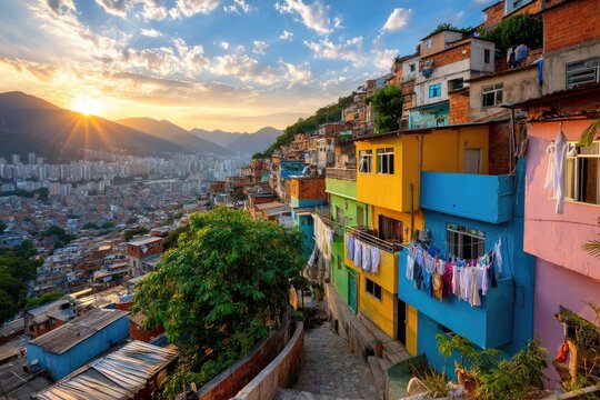 A vibrant and densely packed favela landscape in Brazil