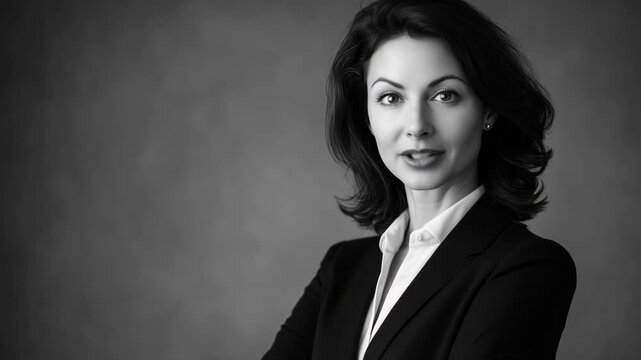 A poised caucasian woman in a sharp black suit stands confidently with her arms crossed, showcasing her professionalism against a subtle, neutral backdrop. The lighting accentuates her features and ex
