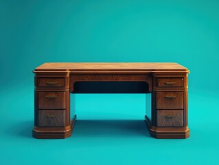 Stylish office desk with drawers and a smooth wooden top against a vibrant teal background.