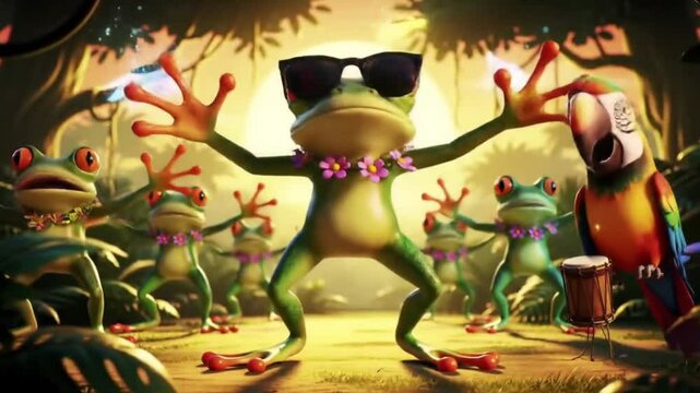 Title Vibrant group of dancing frogs with a parrot playing a drum. Suitable for childrens books, music events, and tropicalthemed designs. Illustration, animals, music, fun, colorful.