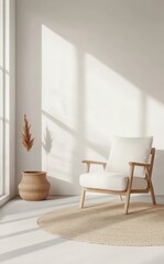 Fototapeta premium White Armchair In Sunlit Minimalist Room With Natural Fiber Rug