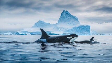 Fototapeta premium An Orca Pod of Intelligent Predators Hunting Seals Near an Ice Floe in the Arctic