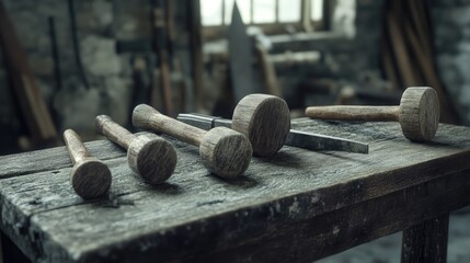 Close-up of Old Wooden Mallet and Chisels on Workbench in Vintage Workshop