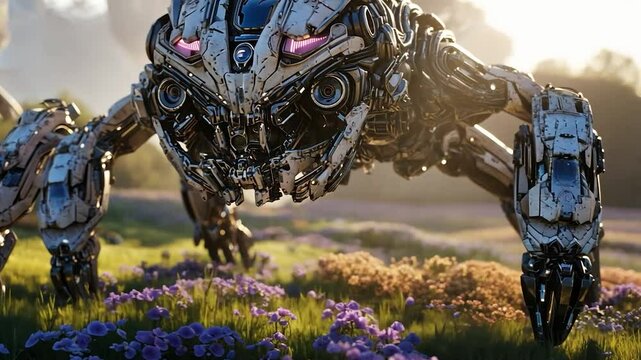 Mech stalks meadow at dawn