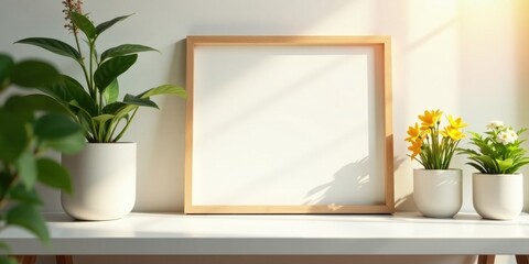 Sunlight illuminates a minimalist interior scene featuring a blank framed picture and potted plants
