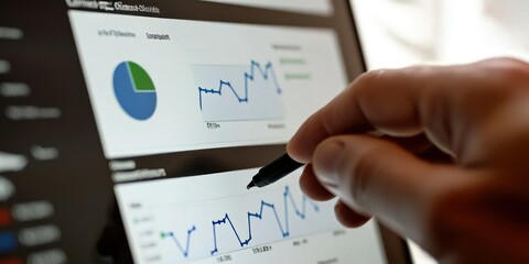 Close-up of a hand adjusting ad campaign parameters on a digital marketing dashboard Stock photo