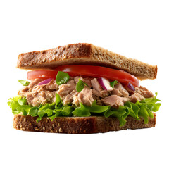 Classic tuna sandwich featured in high-resolution studio shot using white transparent backdrop emphasizing rich tuna blend, soft bread, and crisp garnish details