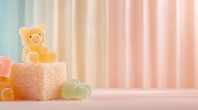 Chewy gummy bears and colorful candy snacks sweet treats display whimsical environment close-up view - Powered by Adobe