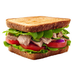 Tuna sandwich from western cuisine captured in professional studio with white transparent background highlighting creamy texture, layered filling, and appetizing food styling elements
