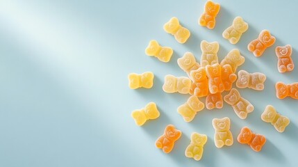 Obraz premium Chewy gummy bears snack delight colorful candy arrangement bright background fun concept for gummy lovers