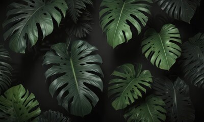 Deep black background with oversized lush tropical leaves , decor, plant