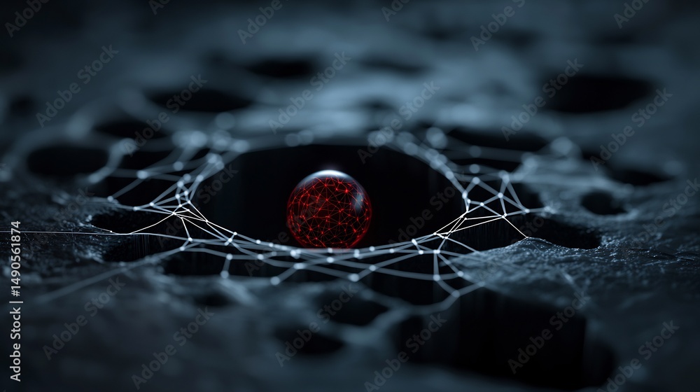 Poster intricate sphere suspended in a web-like structure. dark, futuristic