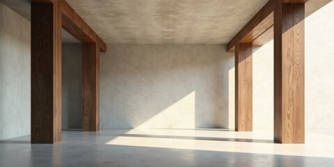 Modern minimalist architecture featuring sunlit interior with wooden pillars and concrete walls