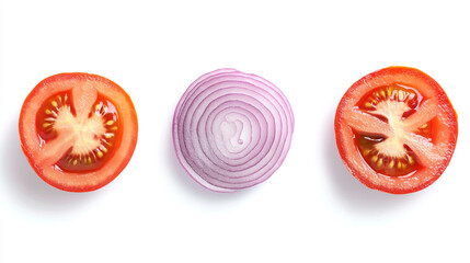 Halved tomatoes and onion slices arranged on a white background