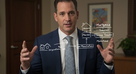 Professional man presents mortgage concepts in office explaining home finance loan options graphically for viewers