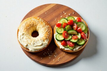 Cream Cheese Bagel with Fresh Cucumber and Tomato Slices on Wooden Board
