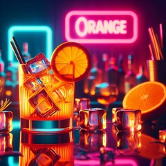 Orange cocktail with ice cubes in a neon bar


