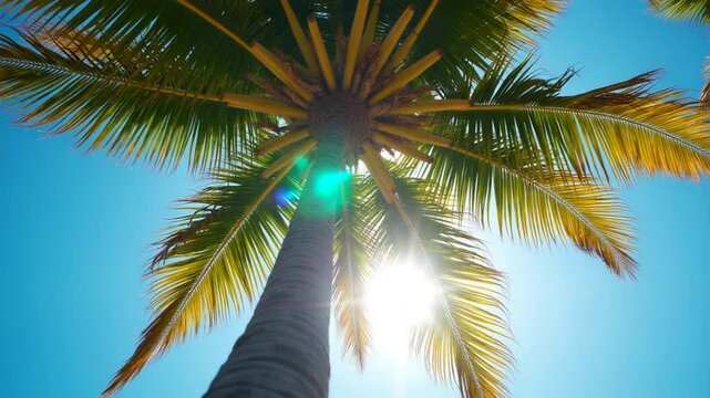 Underside of the coconuts tree with clear sky and shiny sun