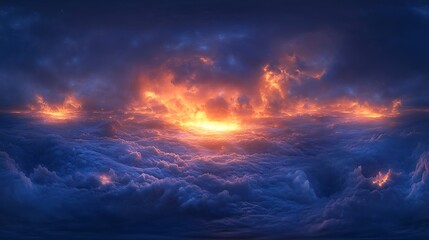 Naklejka premium Epic celestial panorama, fiery sunrise above ethereal cloudscape vista