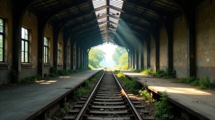 Sunbeams Illuminate Abandoned Railroad Platform A Serene View of Nature Reclaiming Old Train Station