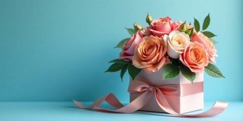 A delicate arrangement of peach and cream roses nestled in a light pink gift box, adorned with a satin ribbon, rests against a serene aqua backdrop.