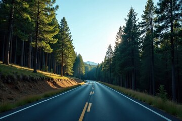 Asphalt Road Through a Lush Coniferous Forest at Sunrise, Sunlight Filtering Through the Trees, Casting Shadows on the Roadside