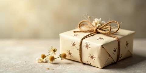 A delicately wrapped gift, adorned with natural twine and wildflowers, rests on a soft, neutral surface, suggesting a thoughtful present or celebration