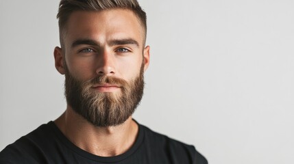 Portrait of a handsome man with beard and blue eyes, serious expression, close-up shot.