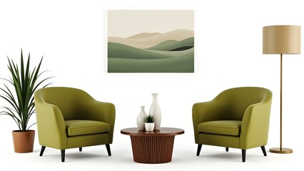 Two Green Chairs And A Landscape Painting In The Interior
