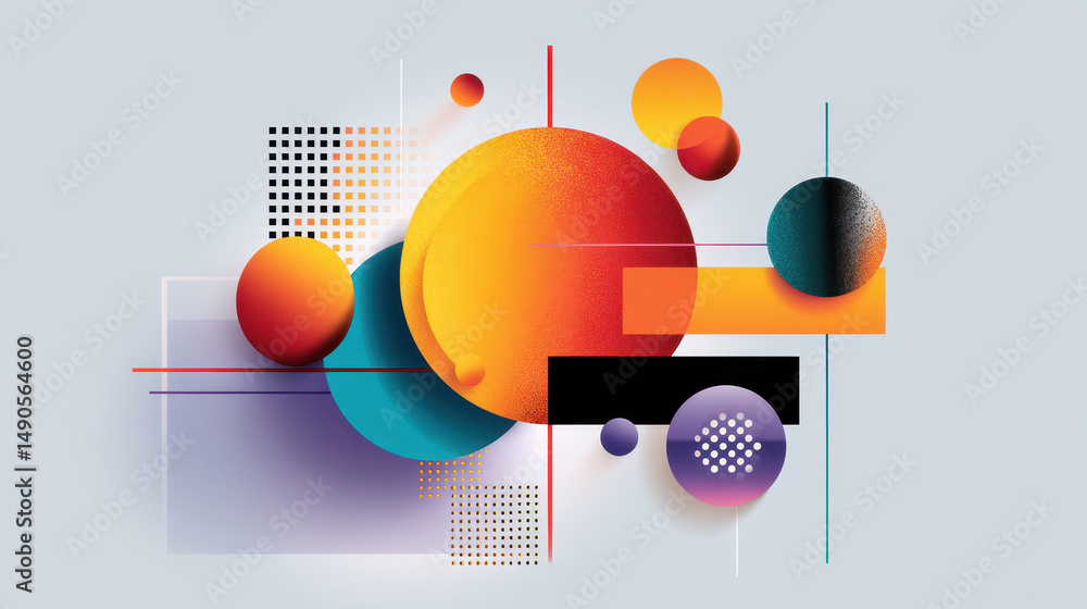 Poster abstract geometric composition featuring vibrant circles, rectangles, and gradients in warm and cool