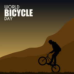World Bike Day banner, international cycling celebration, silhouette of a bicycle against a sunset background