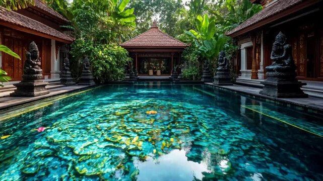 A luxurious tropical resort features a stunning turquoise swimming pool surrounded by lush greenery, traditional wooden villas, and intricately carved statues, creating a serene and exotic holiday ret