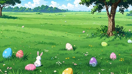 Green landscape with easter eggs and bunny seamless pattern. Vector illustration.